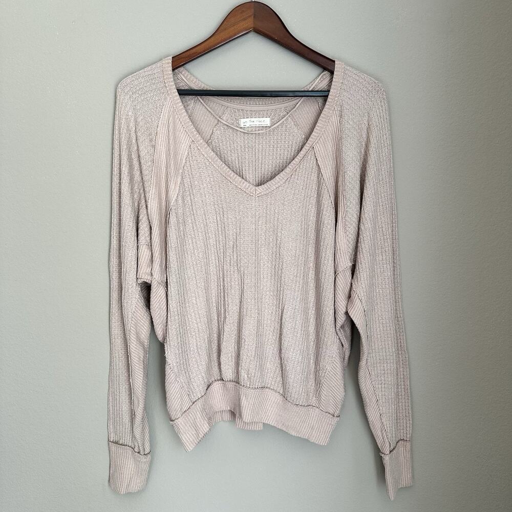 We The Free Taupe Ribbed Thermal Top V Neck Waffle Knit Oversized Boho Slouchy